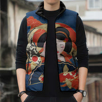 Japanese Geisha Koi Fish Sleeveless Puffer Jacket Cherry Blossoms Blue Seigaiha Pattern - Polynesian Pride