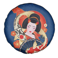 Japanese Geisha Koi Fish Spare Tire Cover Cherry Blossoms Blue Seigaiha Pattern - Polynesian Pride