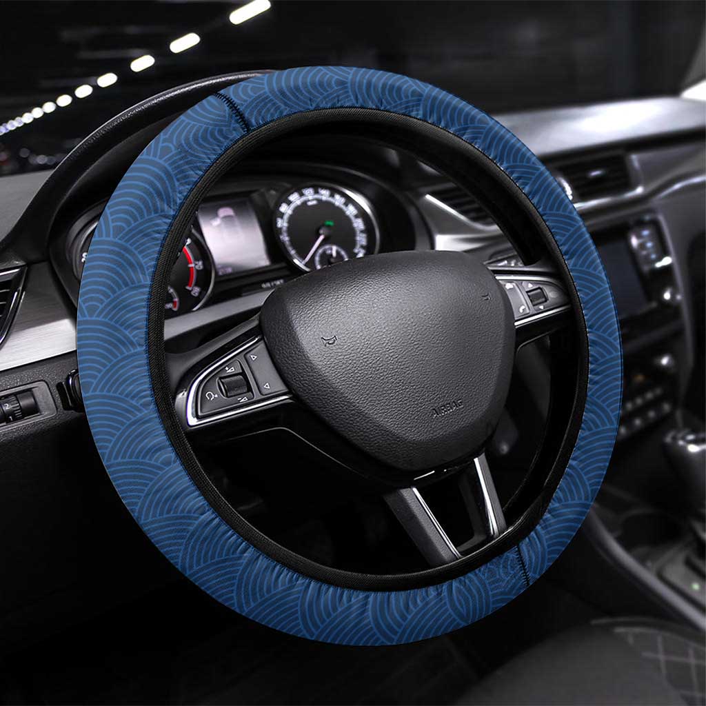 Japanese Geisha Koi Fish Steering Wheel Cover Cherry Blossoms Blue Seigaiha Pattern LT14 Universal Fit Blue - Polynesian Pride
