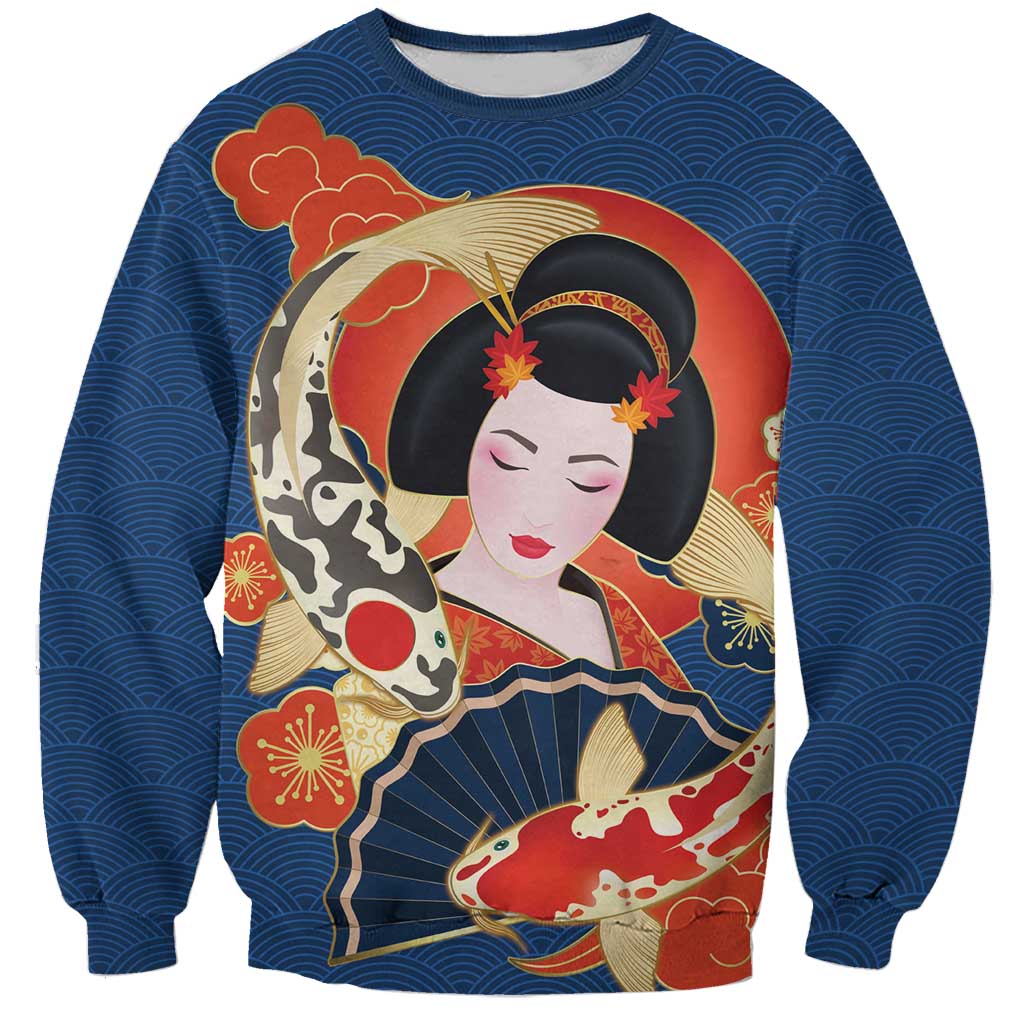 Japanese Geisha Koi Fish Sweatshirt Cherry Blossoms Blue Seigaiha Pattern LT14 Unisex Blue - Polynesian Pride