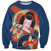 Japanese Geisha Koi Fish Sweatshirt Cherry Blossoms Blue Seigaiha Pattern LT14 Unisex Blue - Polynesian Pride