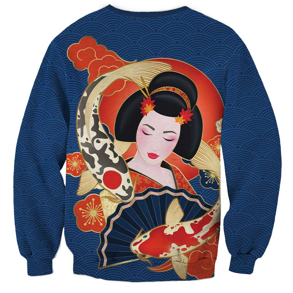 Japanese Geisha Koi Fish Sweatshirt Cherry Blossoms Blue Seigaiha Pattern LT14 - Polynesian Pride