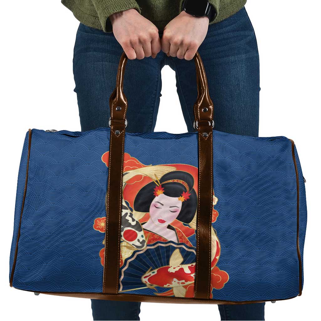 Japanese Geisha Koi Fish Travel Bag Cherry Blossoms Blue Seigaiha Pattern - Polynesian Pride