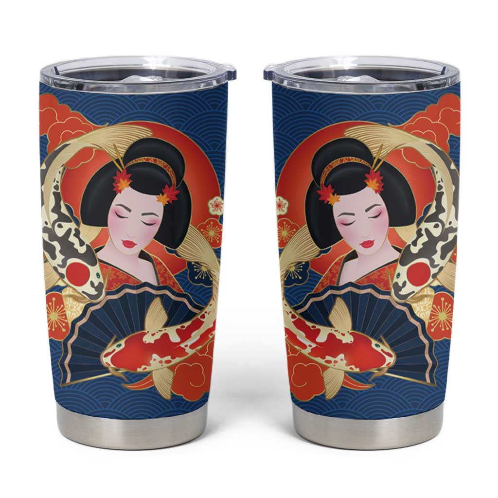 Japanese Geisha Koi Fish Tumbler Cup Cherry Blossoms Blue Seigaiha Pattern LT14 Blue - Polynesian Pride