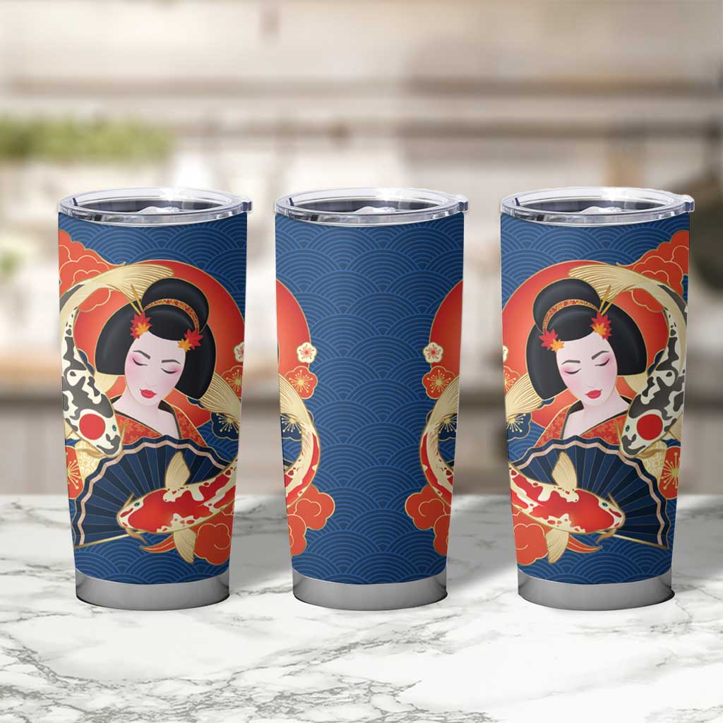 Japanese Geisha Koi Fish Tumbler Cup Cherry Blossoms Blue Seigaiha Pattern LT14 - Polynesian Pride