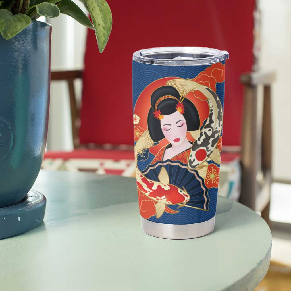 Japanese Geisha Koi Fish Tumbler Cup Cherry Blossoms Blue Seigaiha Pattern LT14 - Polynesian Pride