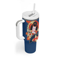 Japanese Geisha Koi Fish Tumbler With Handle Cherry Blossoms Blue Seigaiha Pattern - Polynesian Pride