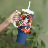 Japanese Geisha Koi Fish Tumbler With Handle Cherry Blossoms Blue Seigaiha Pattern - Polynesian Pride