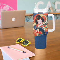 Japanese Geisha Koi Fish Tumbler With Handle Cherry Blossoms Blue Seigaiha Pattern - Polynesian Pride