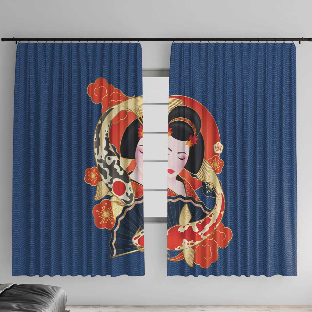 Japanese Geisha Koi Fish Window Curtain Cherry Blossoms Blue Seigaiha Pattern LT14 With Hooks Blue - Polynesian Pride