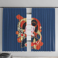 Japanese Geisha Koi Fish Window Curtain Cherry Blossoms Blue Seigaiha Pattern LT14 With Hooks Blue - Polynesian Pride