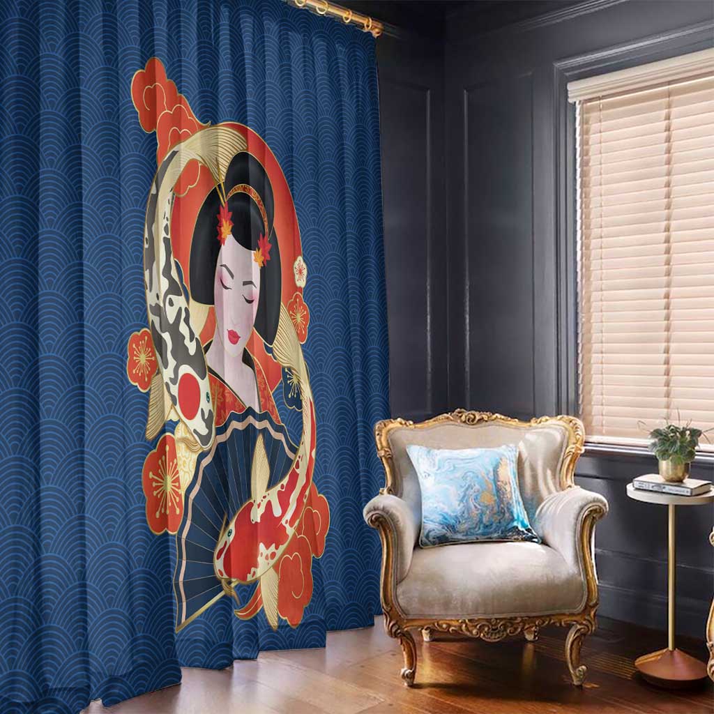 Japanese Geisha Koi Fish Window Curtain Cherry Blossoms Blue Seigaiha Pattern LT14 - Polynesian Pride