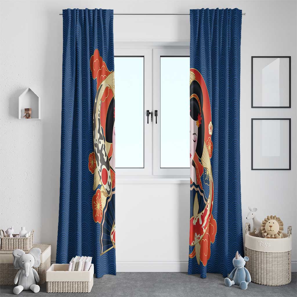 Japanese Geisha Koi Fish Window Curtain Cherry Blossoms Blue Seigaiha Pattern LT14 - Polynesian Pride