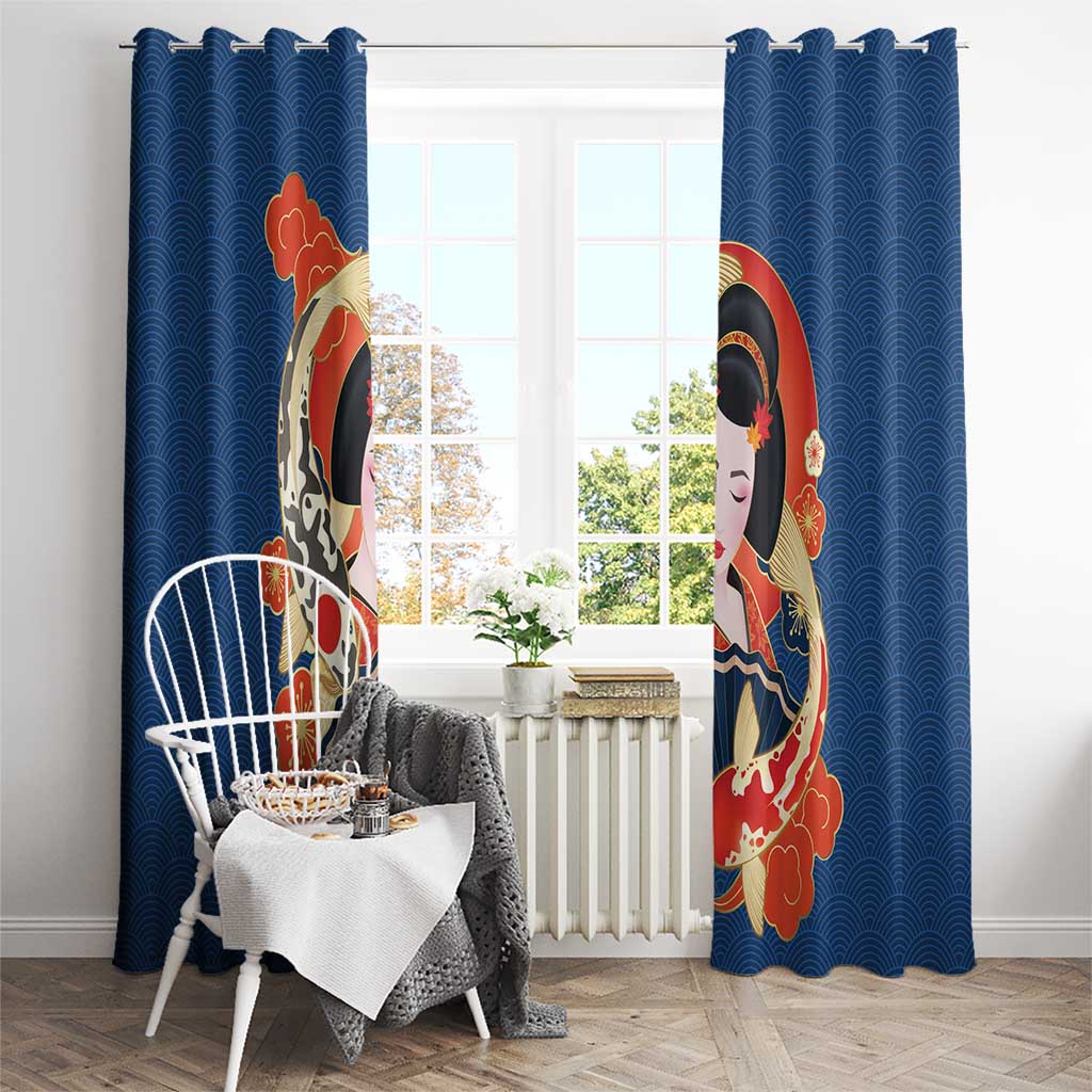 Japanese Geisha Koi Fish Window Curtain Cherry Blossoms Blue Seigaiha Pattern LT14 - Polynesian Pride