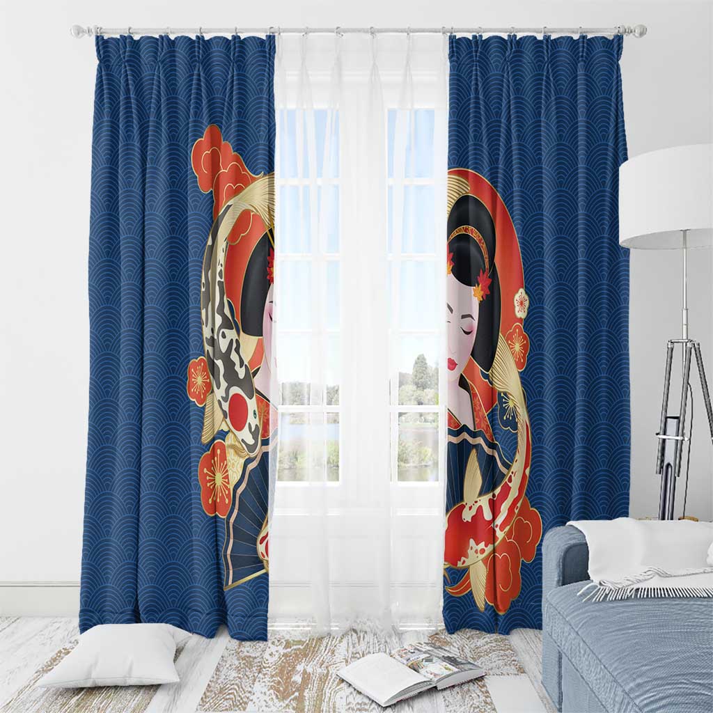 Japanese Geisha Koi Fish Window Curtain Cherry Blossoms Blue Seigaiha Pattern LT14 - Polynesian Pride
