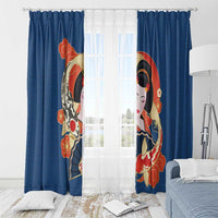 Japanese Geisha Koi Fish Window Curtain Cherry Blossoms Blue Seigaiha Pattern LT14 - Polynesian Pride