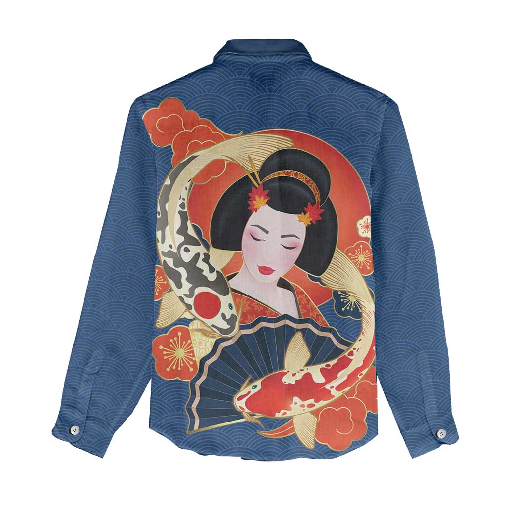 Japanese Geisha Koi Fish Women Casual Shirt Cherry Blossoms Blue Seigaiha Pattern - Polynesian Pride