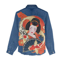 Japanese Geisha Koi Fish Women Casual Shirt Cherry Blossoms Blue Seigaiha Pattern - Polynesian Pride