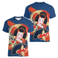 Japanese Geisha Koi Fish Women V-Neck T-Shirt Cherry Blossoms Blue Seigaiha Pattern - Polynesian Pride