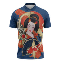 Japanese Geisha Koi Fish Zipper Polo Shirt Cherry Blossoms Blue Seigaiha Pattern LT14 Blue - Polynesian Pride