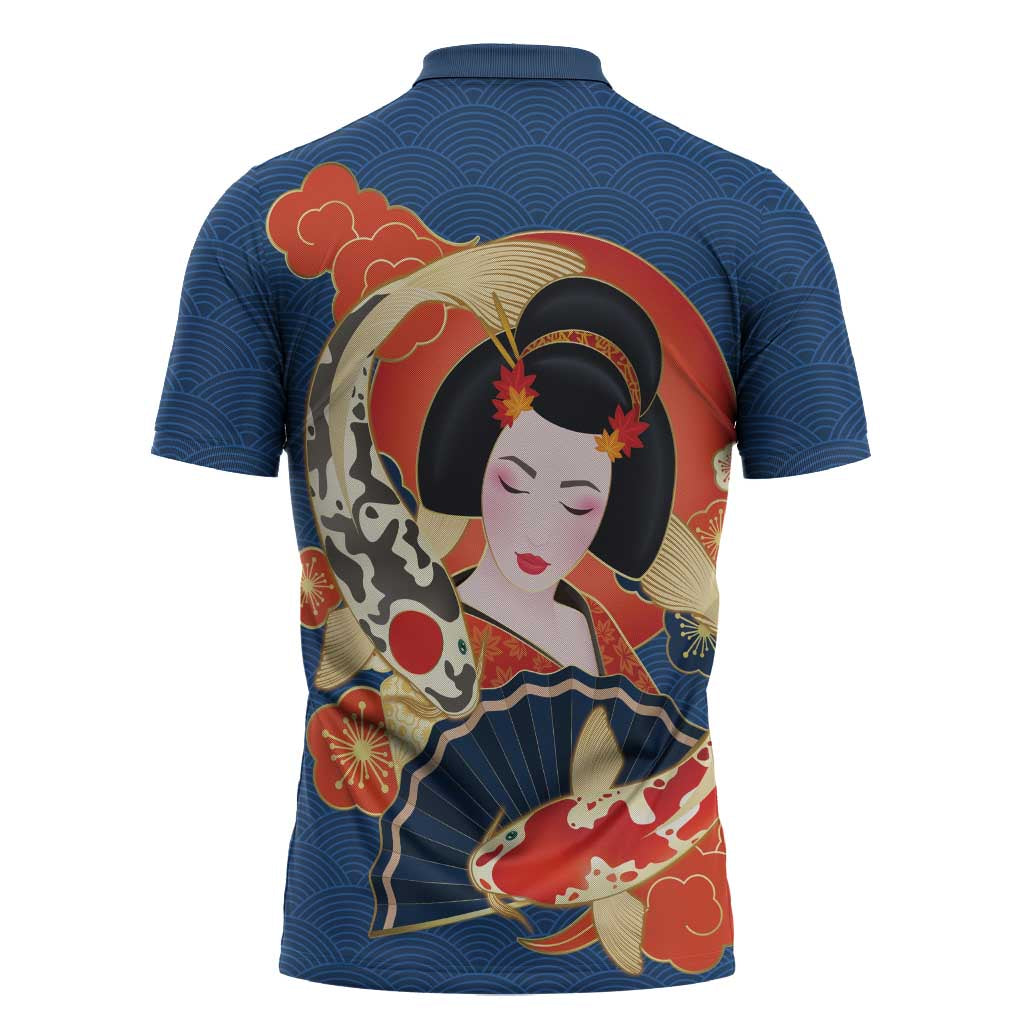 Japanese Geisha Koi Fish Zipper Polo Shirt Cherry Blossoms Blue Seigaiha Pattern LT14 - Polynesian Pride