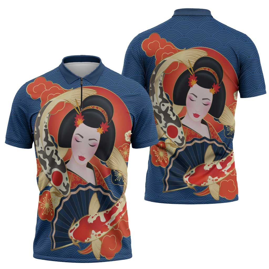 Japanese Geisha Koi Fish Zipper Polo Shirt Cherry Blossoms Blue Seigaiha Pattern LT14 - Polynesian Pride