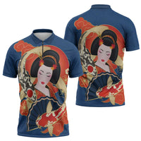 Japanese Geisha Koi Fish Zipper Polo Shirt Cherry Blossoms Blue Seigaiha Pattern LT14 - Polynesian Pride