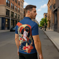 Japanese Geisha Koi Fish Zipper Polo Shirt Cherry Blossoms Blue Seigaiha Pattern LT14 - Polynesian Pride