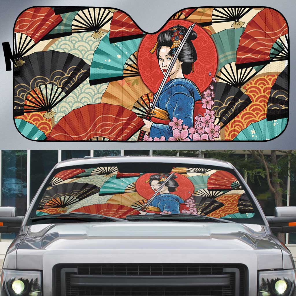 Japanese Geisha Katana Auto Sun Shade Japan Sensu Seigaiha Pattern - Polynesian Pride