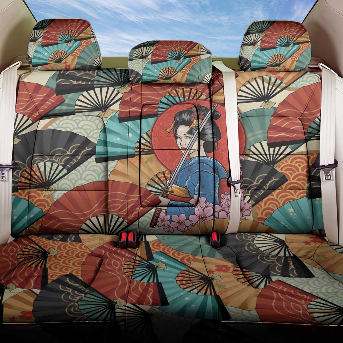 Japanese Geisha Katana Back Car Seat Cover Japan Sensu Seigaiha Pattern LT14 One Size Multicolor - Polynesian Pride
