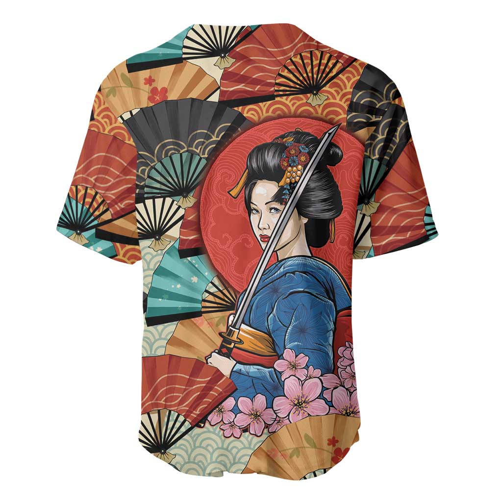 Japanese Geisha Katana Baseball Jersey Japan Sensu Seigaiha Pattern - Polynesian Pride