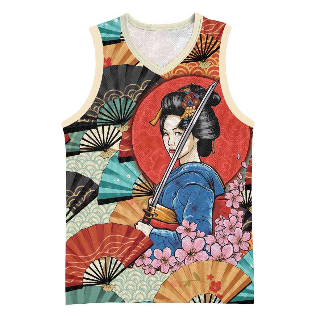Japanese Geisha Katana Basketball Jersey Japan Sensu Seigaiha Pattern LT14 Unisex Multicolor - Polynesian Pride