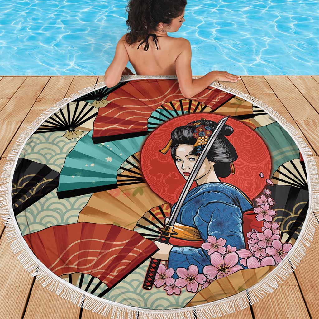 Japanese Geisha Katana Beach Blanket Japan Sensu Seigaiha Pattern - Polynesian Pride