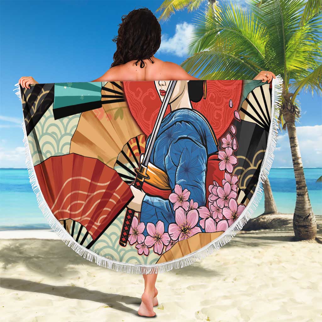 Japanese Geisha Katana Beach Blanket Japan Sensu Seigaiha Pattern - Polynesian Pride