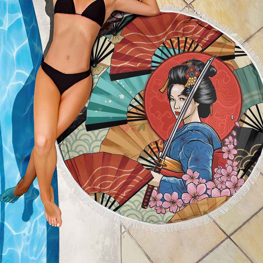 Japanese Geisha Katana Beach Blanket Japan Sensu Seigaiha Pattern - Polynesian Pride