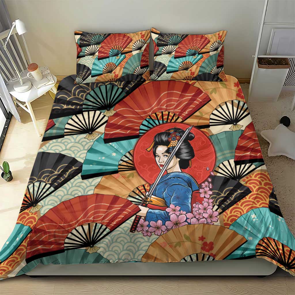 Japanese Geisha Katana Bedding Set Japan Sensu Seigaiha Pattern - Polynesian Pride