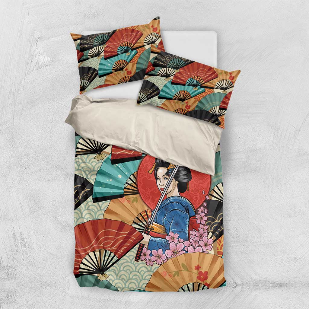 Japanese Geisha Katana Bedding Set Japan Sensu Seigaiha Pattern - Polynesian Pride