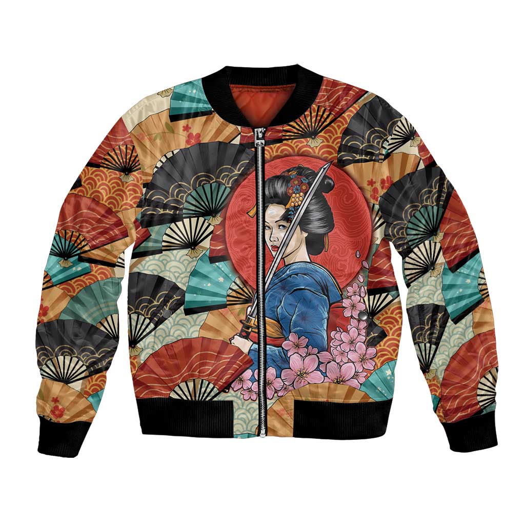 Japanese Geisha Katana Bomber Jacket Japan Sensu Seigaiha Pattern LT14 Unisex Multicolor - Polynesian Pride