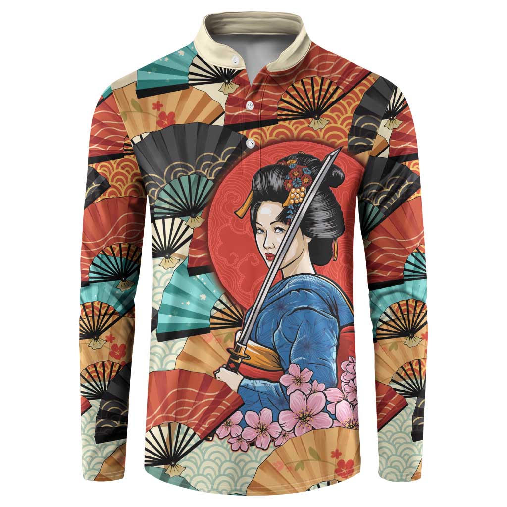 Japanese Geisha Katana Button Sweatshirt Japan Sensu Seigaiha Pattern - Polynesian Pride