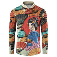 Japanese Geisha Katana Button Sweatshirt Japan Sensu Seigaiha Pattern - Polynesian Pride