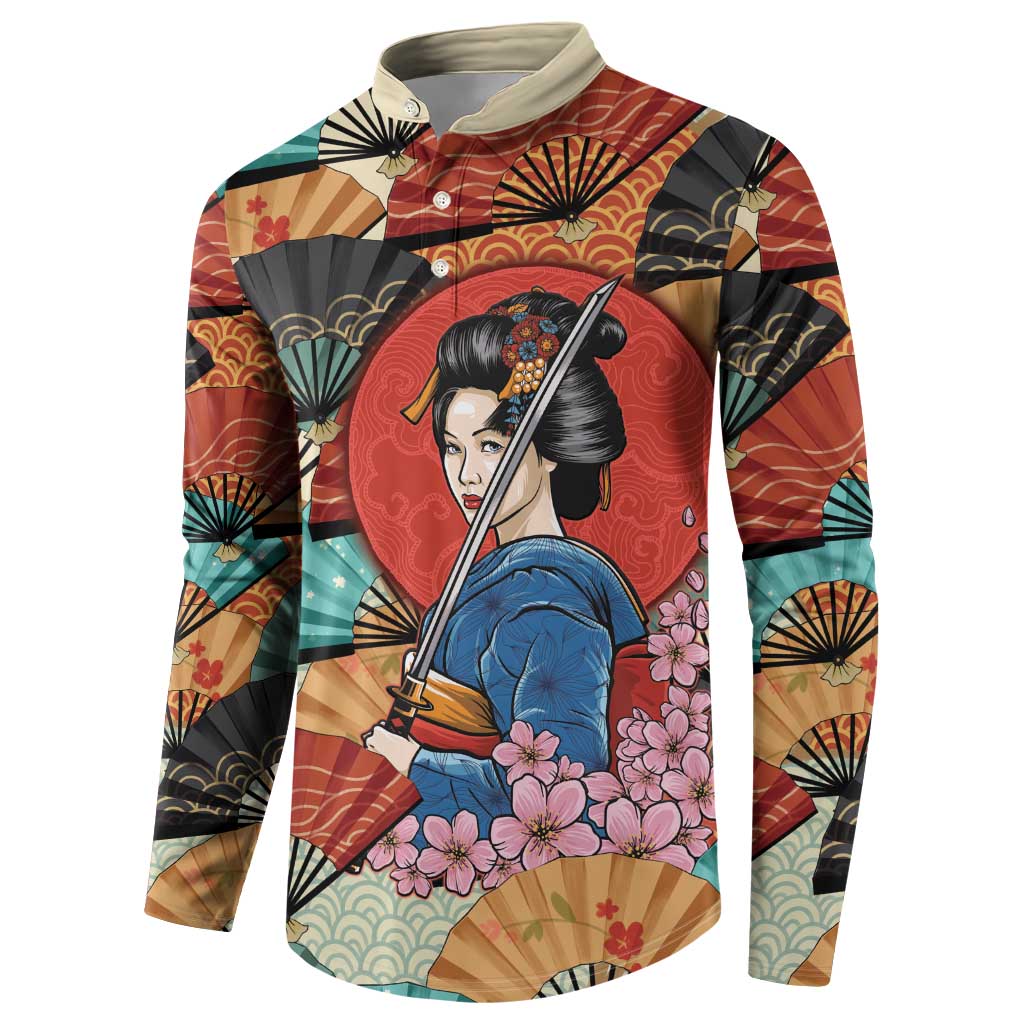 Japanese Geisha Katana Button Sweatshirt Japan Sensu Seigaiha Pattern - Polynesian Pride