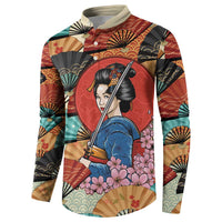 Japanese Geisha Katana Button Sweatshirt Japan Sensu Seigaiha Pattern - Polynesian Pride