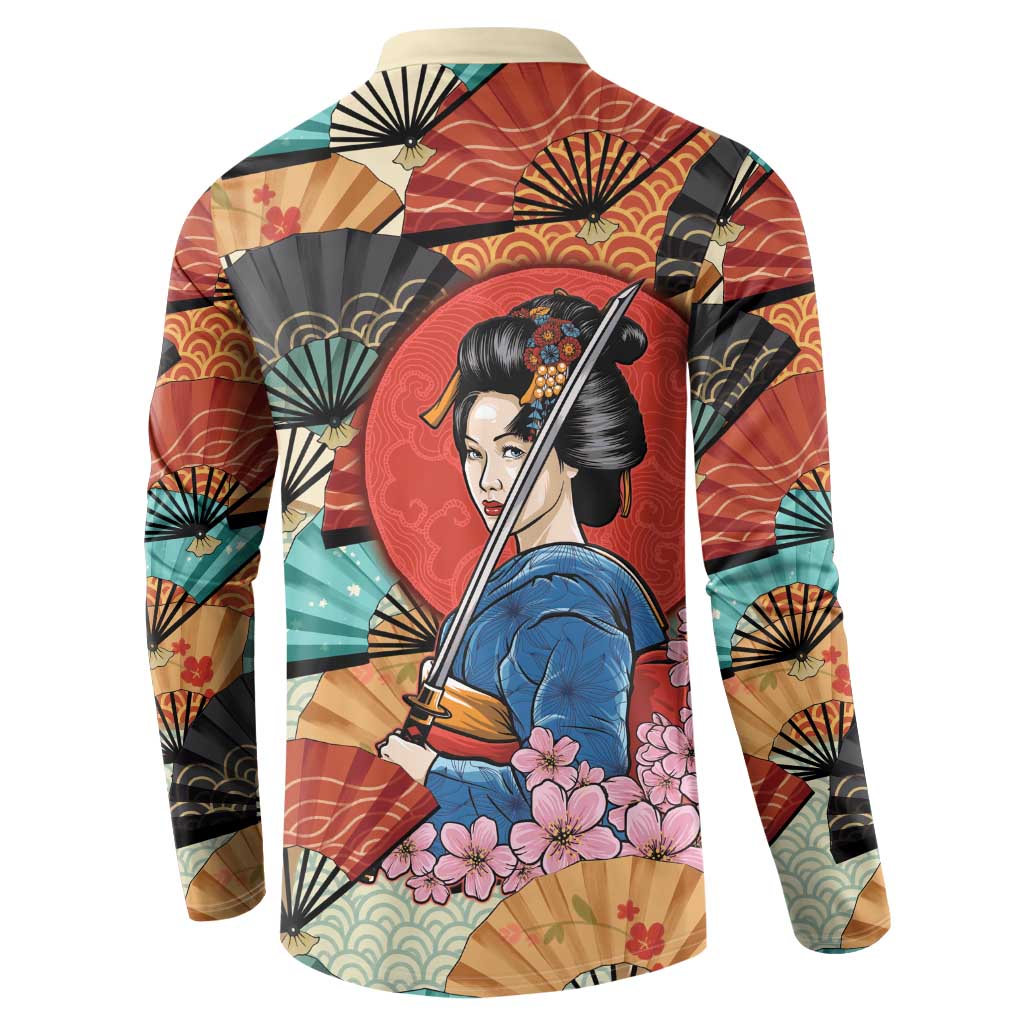 Japanese Geisha Katana Button Sweatshirt Japan Sensu Seigaiha Pattern - Polynesian Pride