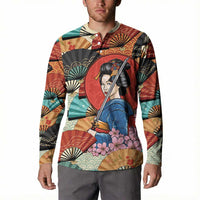 Japanese Geisha Katana Button Sweatshirt Japan Sensu Seigaiha Pattern - Polynesian Pride