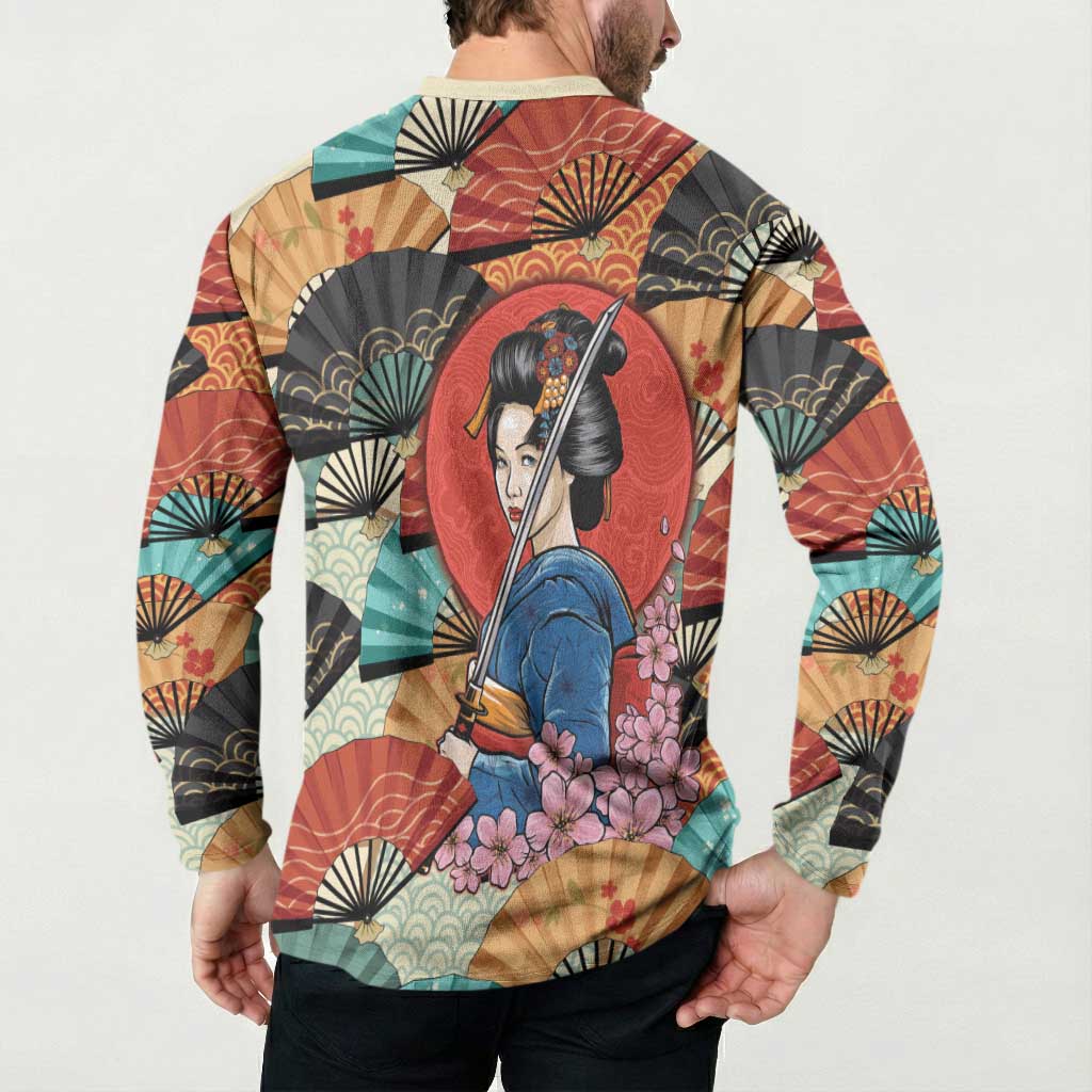 Japanese Geisha Katana Button Sweatshirt Japan Sensu Seigaiha Pattern - Polynesian Pride