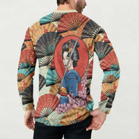 Japanese Geisha Katana Button Sweatshirt Japan Sensu Seigaiha Pattern - Polynesian Pride