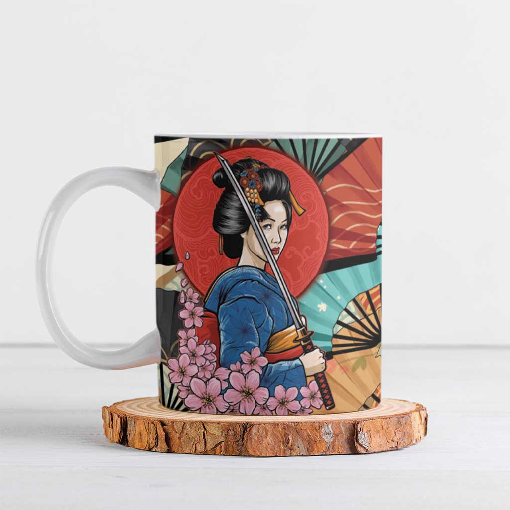 Japanese Geisha Katana Ceramic Mug Japan Sensu Seigaiha Pattern - Polynesian Pride