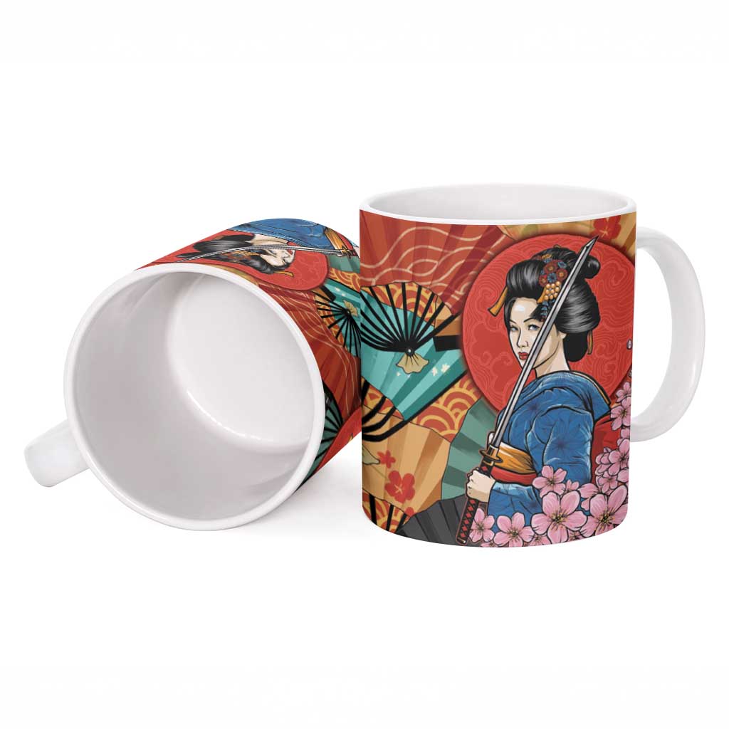 Japanese Geisha Katana Ceramic Mug Japan Sensu Seigaiha Pattern LT14 - Polynesian Pride