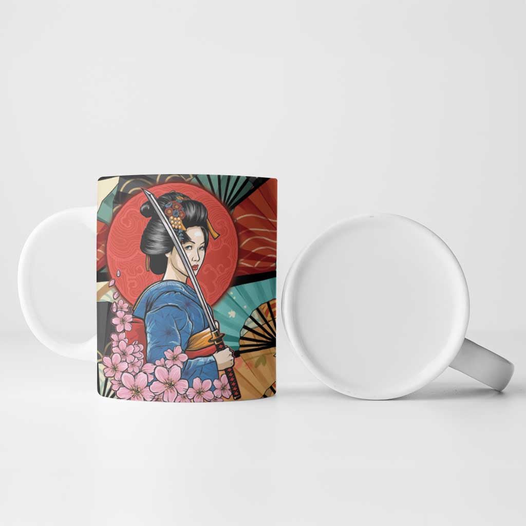 Japanese Geisha Katana Ceramic Mug Japan Sensu Seigaiha Pattern LT14 - Polynesian Pride