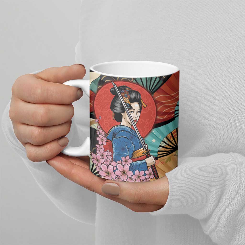 Japanese Geisha Katana Ceramic Mug Japan Sensu Seigaiha Pattern LT14 - Polynesian Pride